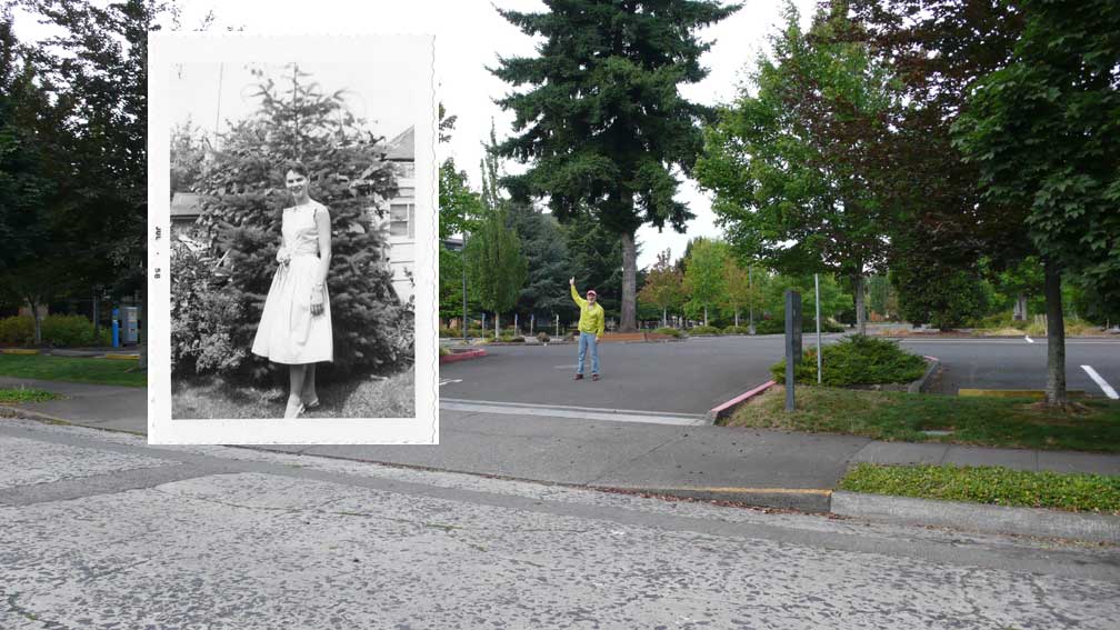 Ancil points to the tree behind him that is the same one shown in the 1958 photo of his sister Winnie, standing in the backyard of 5711 N. Kerby